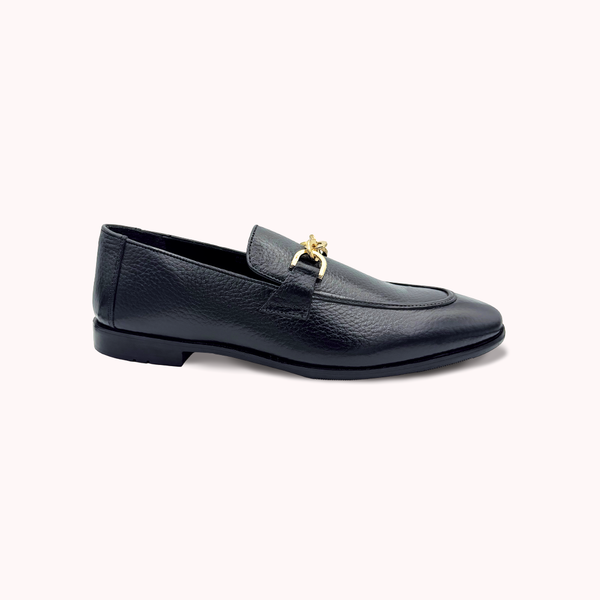Men's Black Premium Leather Loafer Shoes with Gold Chain Detail - M6