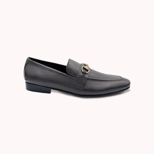 Dark Brown Textured Mild Leather Shoes with Gold Bit - M3