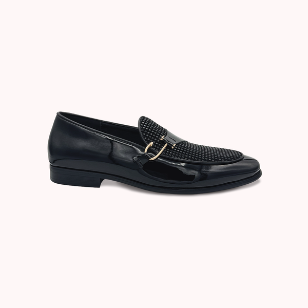 Imported Men's Black Patent Leather Weave Loafer Shoes with Gold Bit- GM5