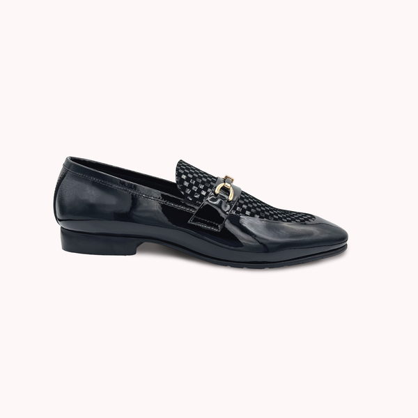 Black Patent Leather Weave Loafer Shoes with Gold Bit - M7