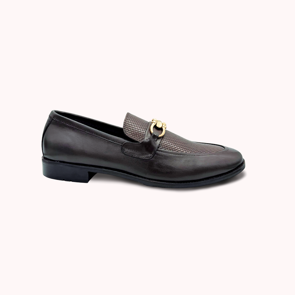 Men's Dark Brown Leather Loafer Shoes with Woven Vamp and Gold Bit - M5